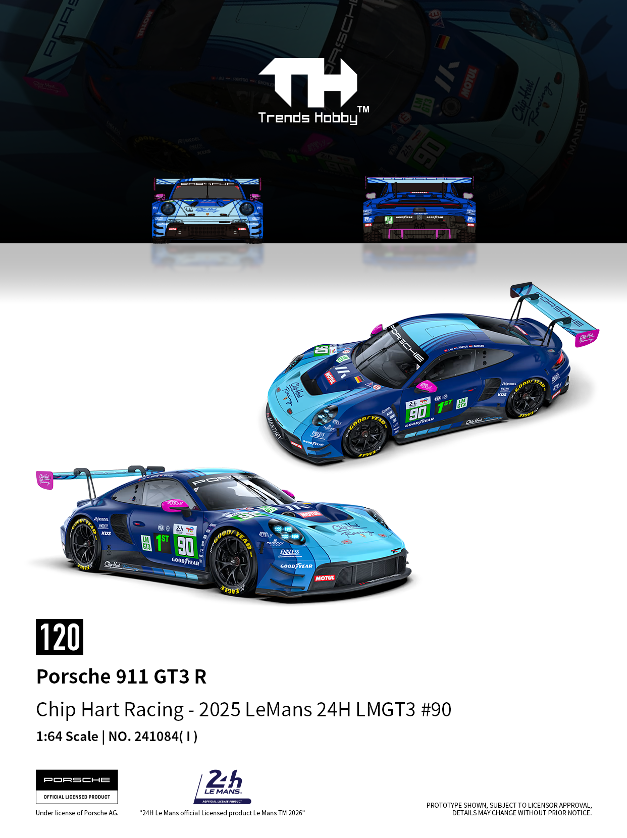 (Pre-Order) (241084(I)) Trends Hobby 1/64 Porsche 911 GT3 R LeMan 24H 2025 #90