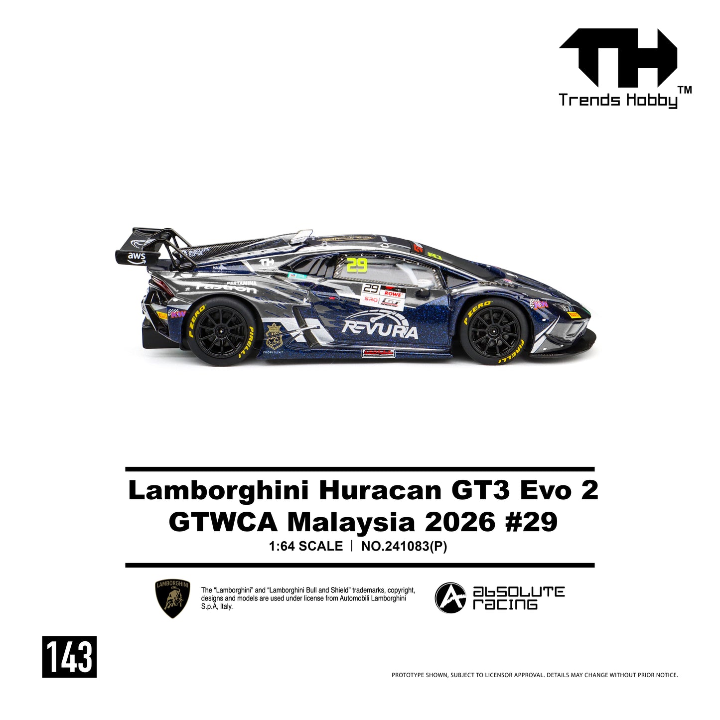 Lamborghini Huracan GT3 Evo 2 by Trends Ho241083(P) Trends Hobby Lamborghini Huracán GT3 EVO GTWCA Malaysia 2026 #29 - 1:64 Scale Diecast