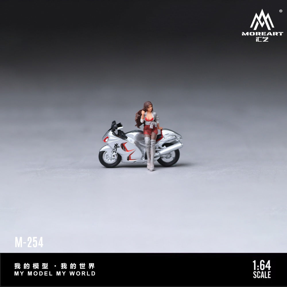 (MO222254) Silver Falcon Motorcycle Chic Woman Doll Set Resin Model - Front View