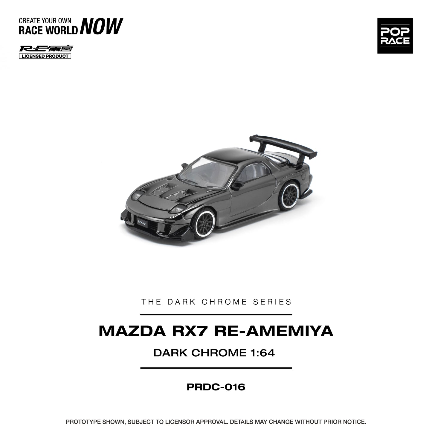 POP RACE 1:64 Mazda RX-7 RE-Amemiya Dark Chrome (PRDC016) - Front View
