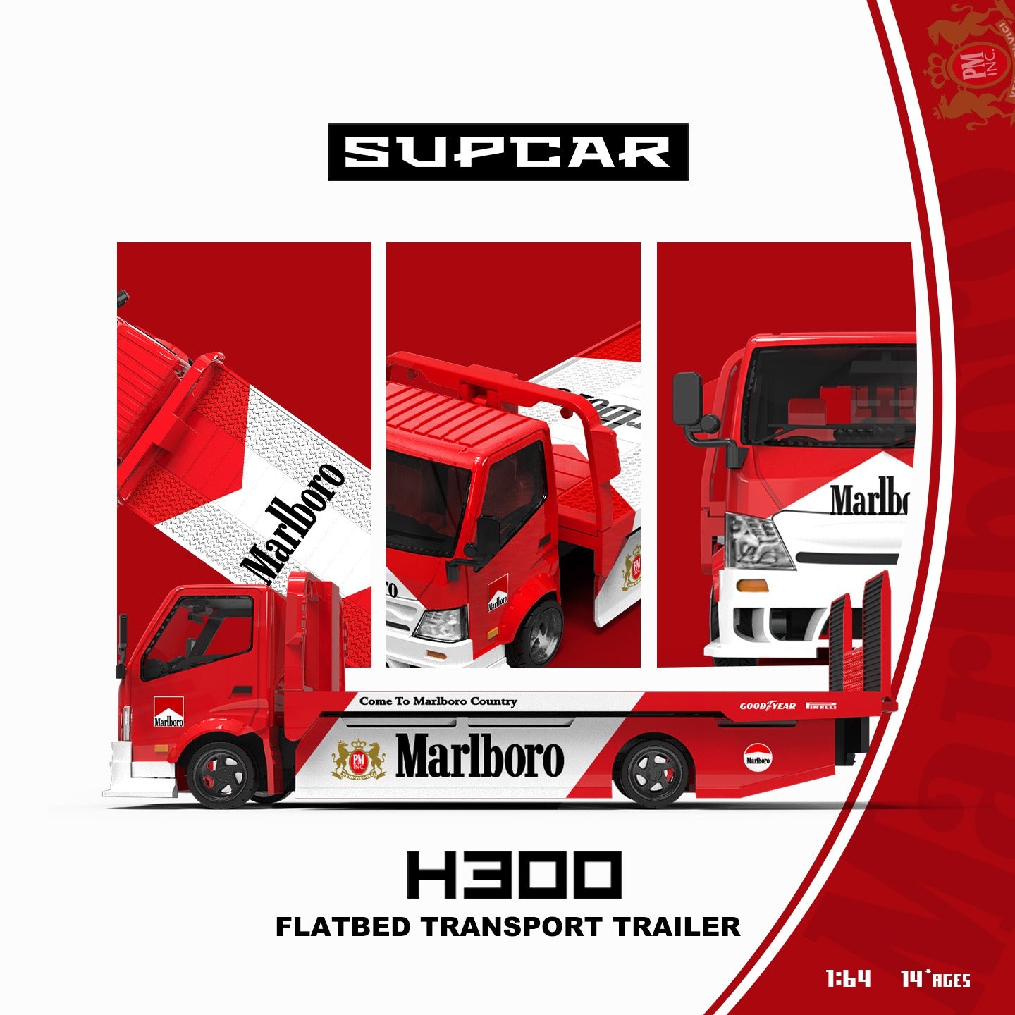 SUPCAR 1:64 H300 Flatbed Transport Trailer Marlboro Livery (SC647249) - Overview