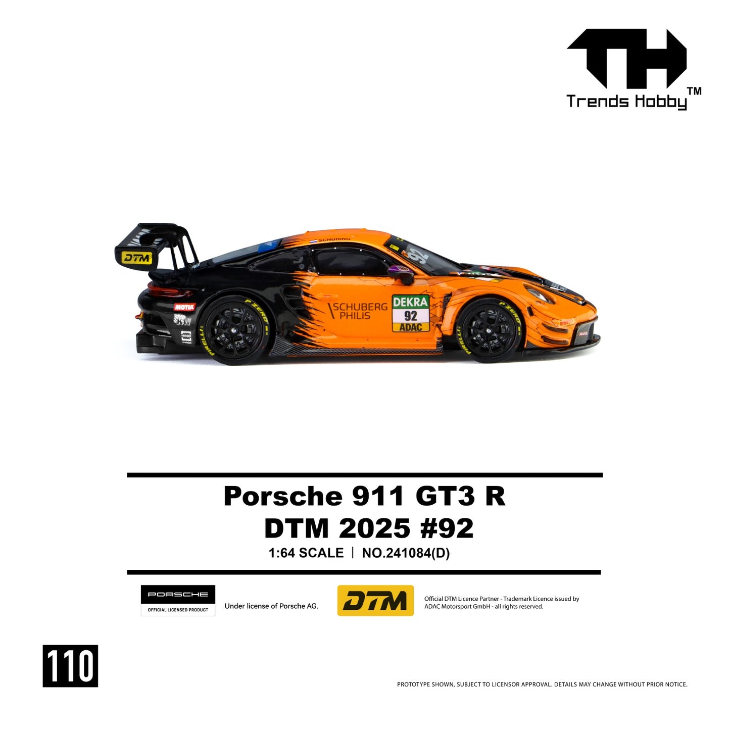 A 1:64 scale model car of the Porsche 911 GT3 R DTM 2025 #92 by Trends Hobby, featuring a black and orange livery with sponsor decals, shown on a white background with product details below.