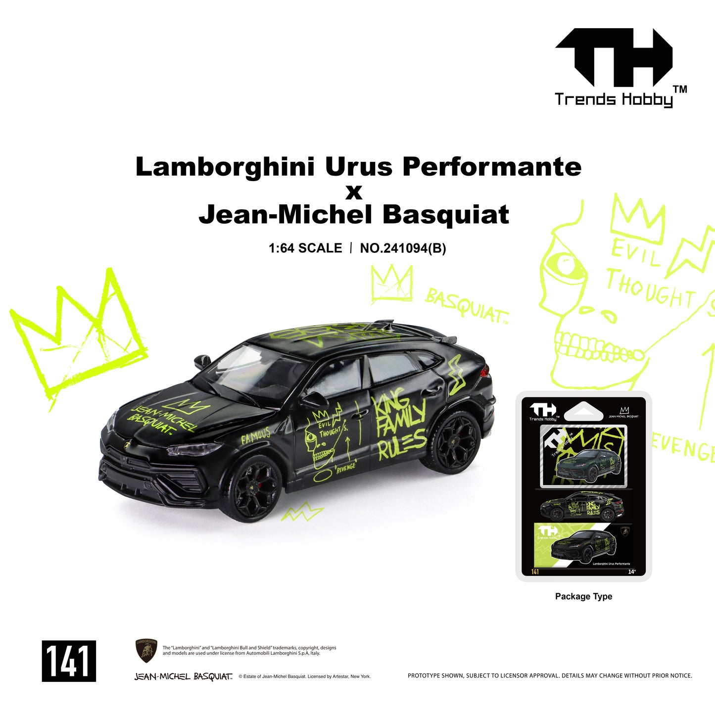 (Pre-Order) (241094(B)) Trends Hobby 1/64 Lamborghini Urus Performance x Basquiat (Matte Black)