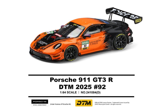 Trends Hobby 1:64 scale model car of the Porsche 911 GT3 R DTM 2025 #92, featuring an orange and black livery with DTM racing decals, shown on a white background with product details below.