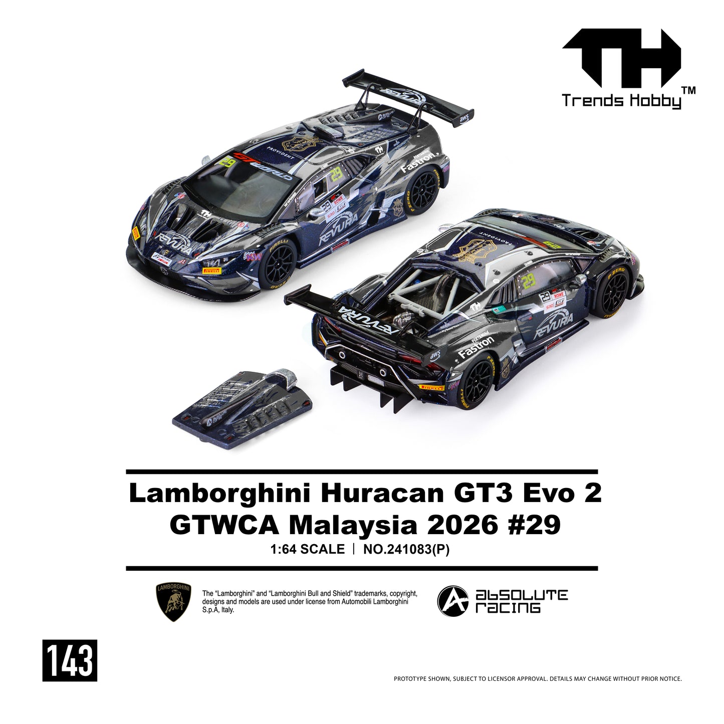 Lamborghini Huracan GT3 Evo 2 by Trends Ho241083(P) Trends Hobby Lamborghini Huracán GT3 EVO GTWCA Malaysia 2026 #29 - 1:64 Scale Diecast