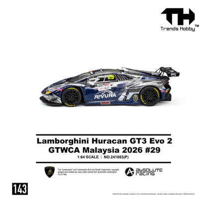 Lamborghini Huracan GT3 Evo 2 by Trends Ho241083(P) Trends Hobby Lamborghini Huracán GT3 EVO GTWCA Malaysia 2026 #29 - 1:64 Scale Diecast