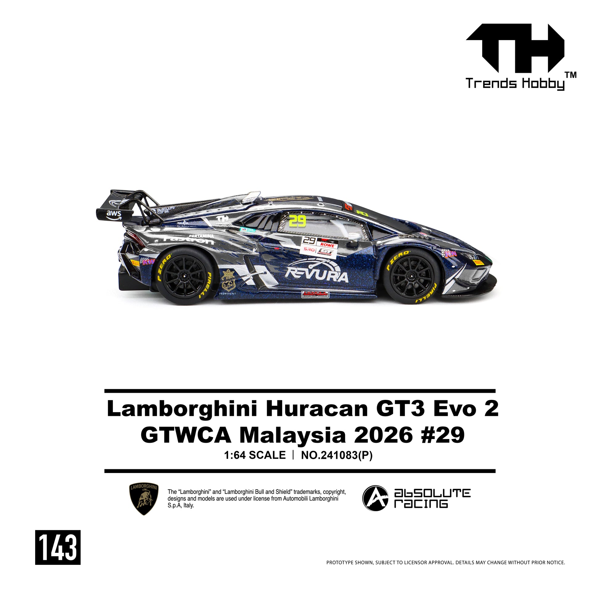 Lamborghini Huracan GT3 Evo 2 by Trends Ho241083(P) Trends Hobby Lamborghini Huracán GT3 EVO GTWCA Malaysia 2026 #29 - 1:64 Scale Diecast