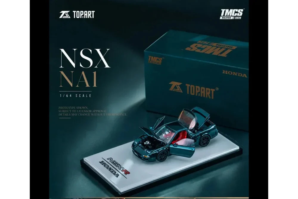 Topart 1/64 scale model car of the Honda NSX NAI R in metallic teal, shown with its display base, branded box, and three detail views highlighting engine, headlights, and interior.