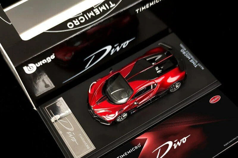 Red Bugatti Divo model car in a black display case with Timemicro branding.