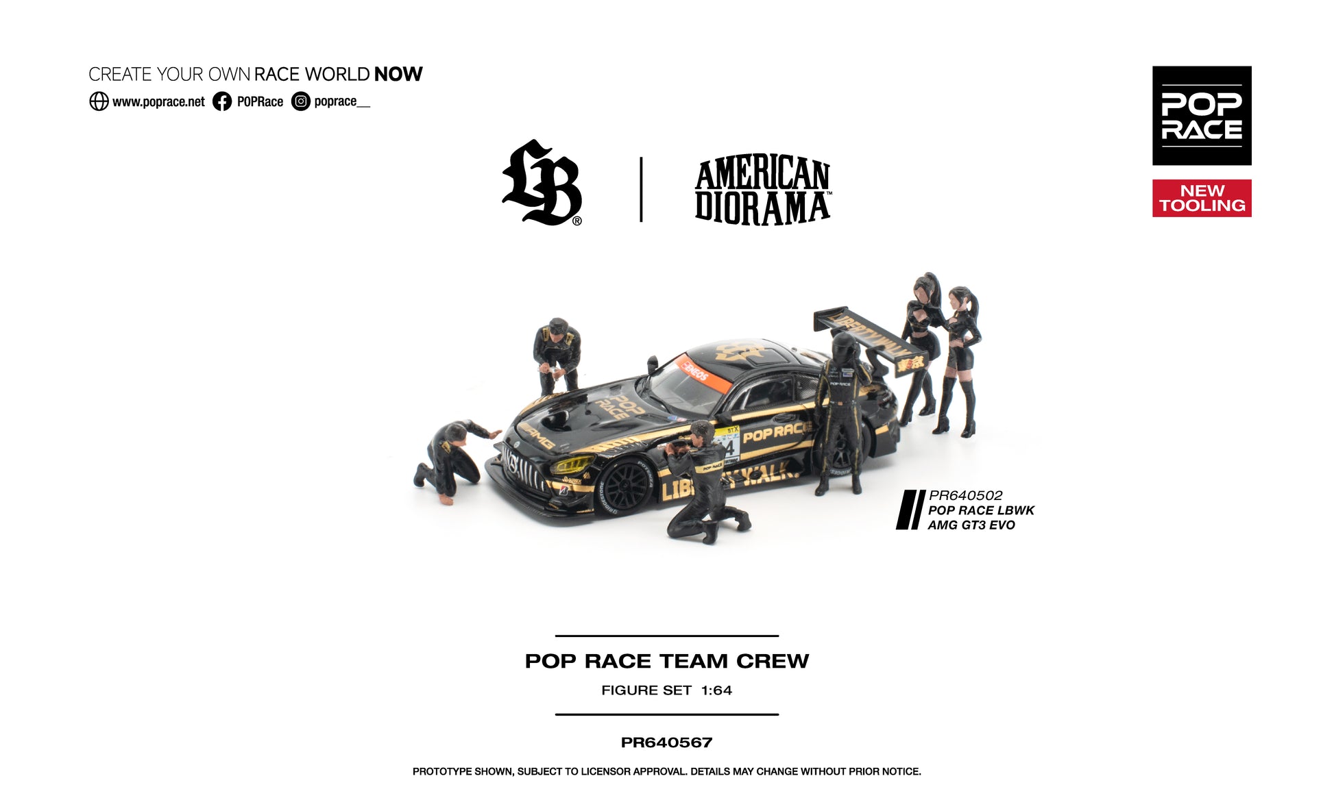 PR640567 POP RACE Team Crew 6 Figures Set - 1:64 Scale Diorama Accessory - Group Shot with car