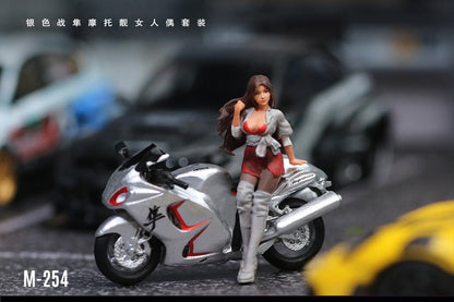 (MO222254) Silver Falcon Motorcycle Chic Woman Doll Set Resin Model - Front View 