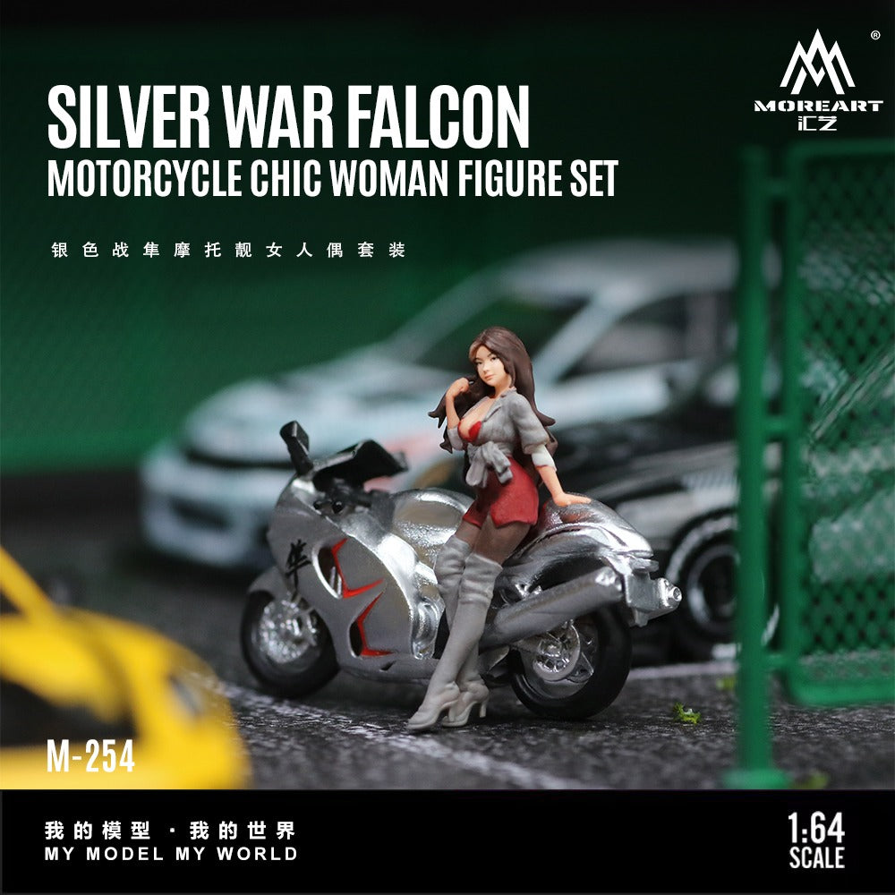 (MO222254) Silver Falcon Motorcycle Chic Woman Doll Set Resin Model - Side View