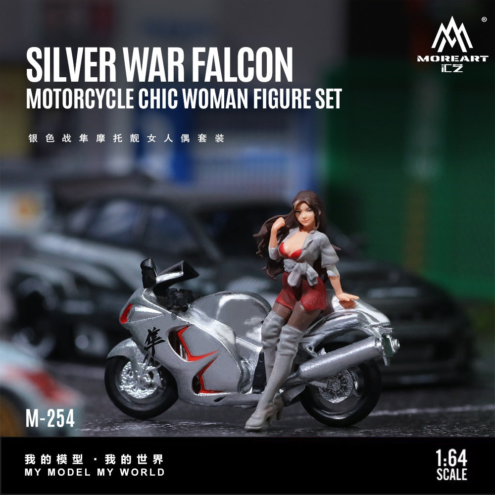 (MO222254) Silver Falcon Motorcycle Chic Woman Doll Set Resin Model - Front View 
