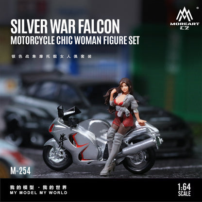 (MO222254) Silver Falcon Motorcycle Chic Woman Doll Set Resin Model - Front View 