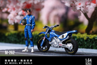 1:64 scale model kit packaging for 'Blue Monster Energy No. 9 Yamaha Motocross Motorcycle with Rider Figure Set' by Moreart.