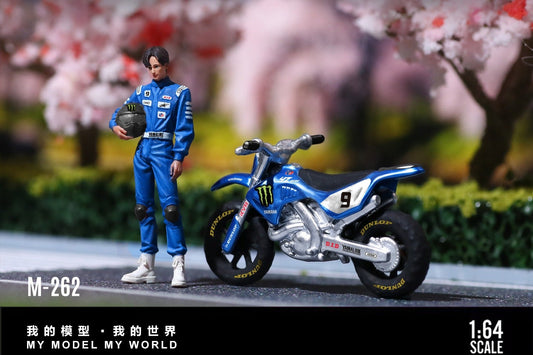 1:64 scale model kit packaging for 'Blue Monster Energy No. 9 Yamaha Motocross Motorcycle with Rider Figure Set' by Moreart.