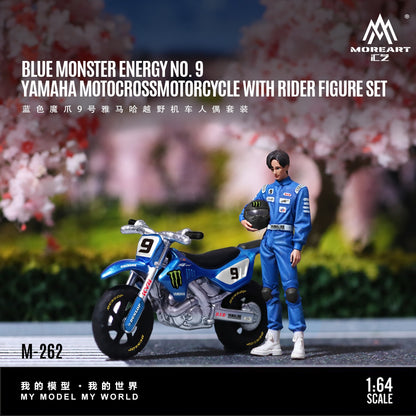 Moreart EZ Blue Monster Energy No. 9 Yamaha Motocross Motorcycle with Rider Figure Set, model M-262, 1:64 scale.
