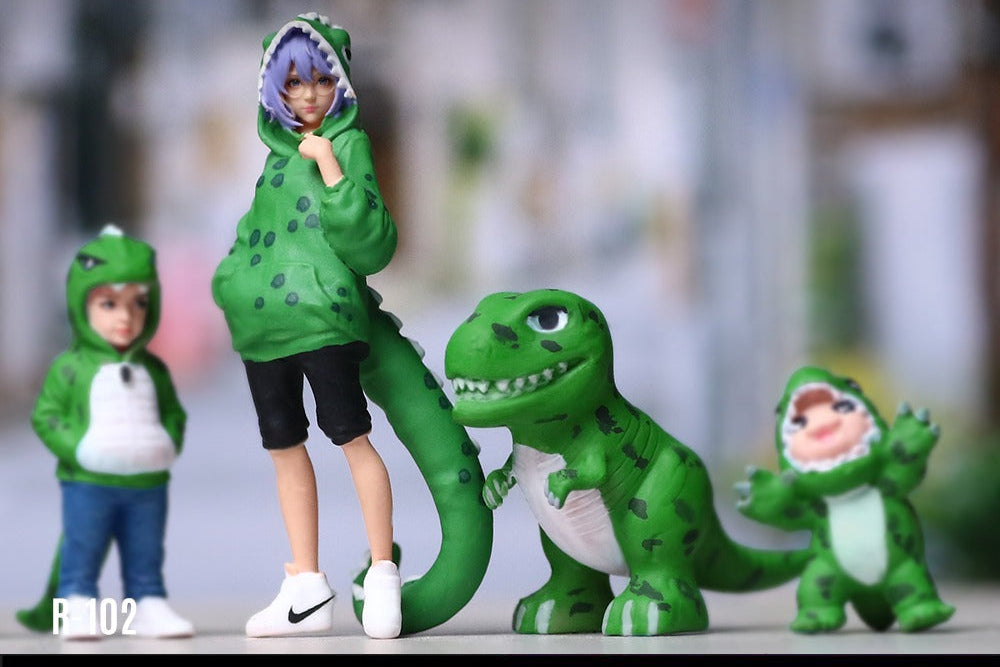 (MO223102) Green Dinosaur Figure Family Set - Realistic Resin Model - Front View 