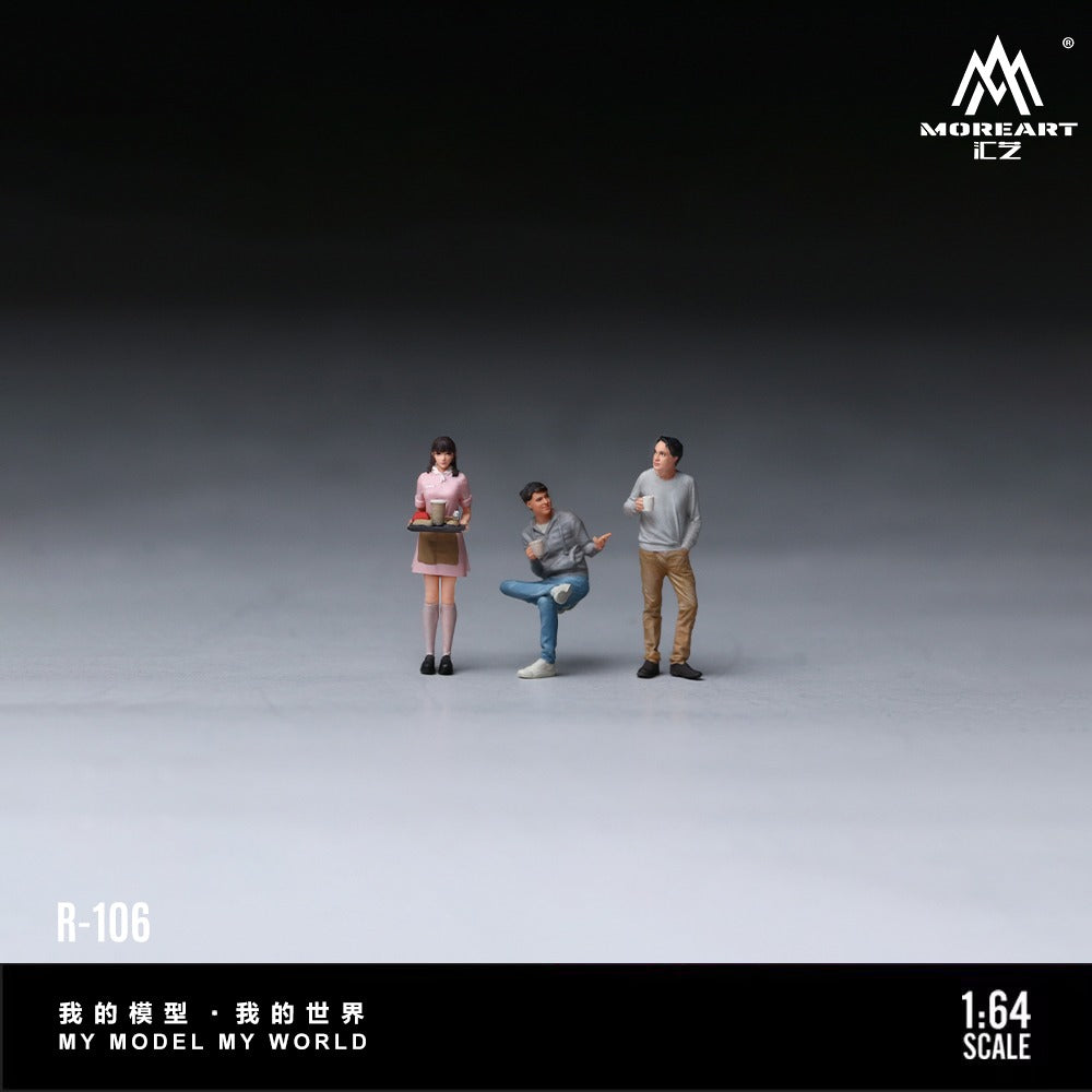 Three miniature human figures posed on a dark-to-light gray studio gradient background. The figures appear to be a small-scale collectible model set, with printed branding visible in the corners: MORHEART EZ at top right and R-106 