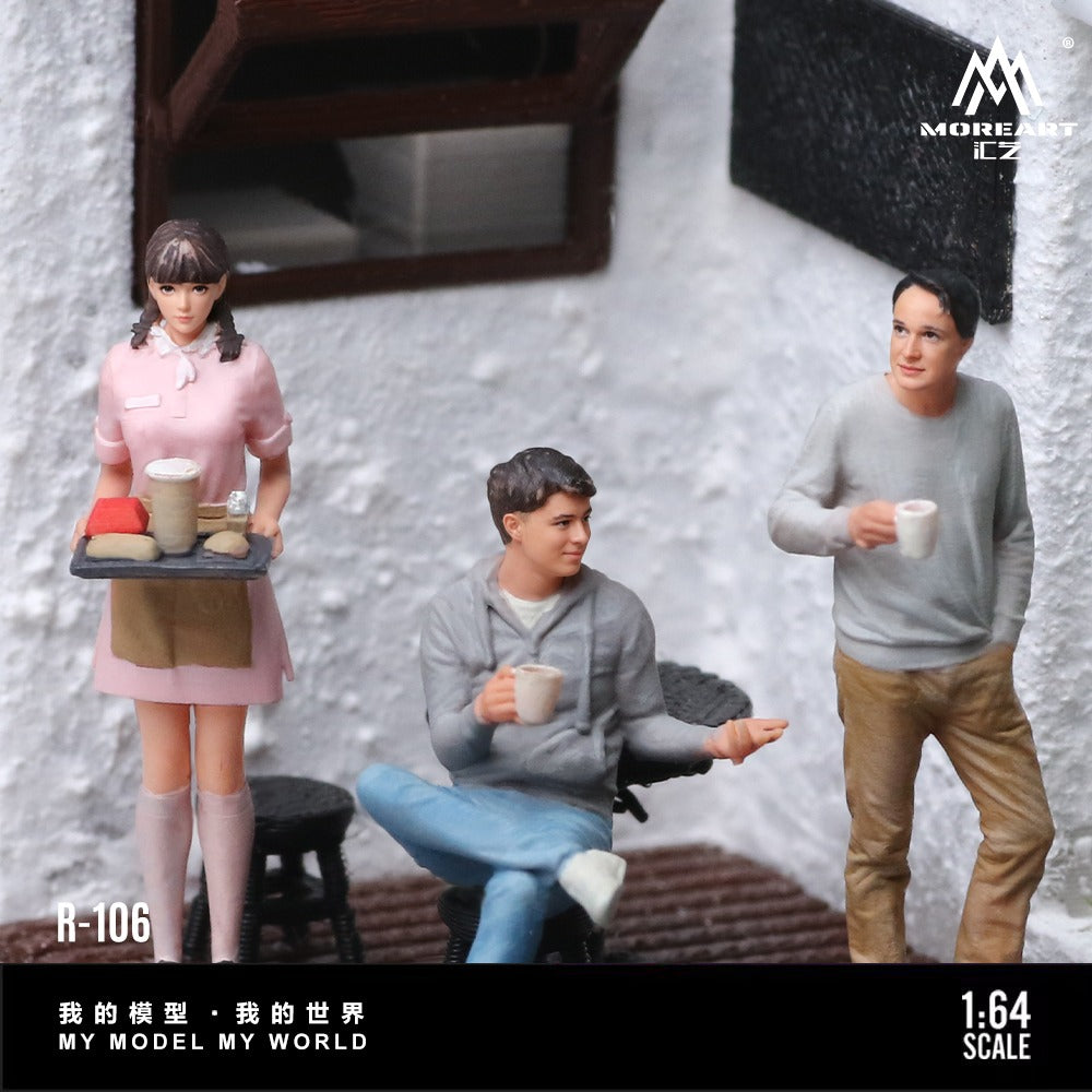 Three 1:64 scale miniature figurines from Morent H-06 series, depicting a waitress in a pink uniform, a man in a gray hoodie sitting on a chair, and a man in a gray sweater standing,