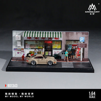 MoreArt 1:64 Hong Kong-style Tea House Miniature Scene (MO901343) - Front view with model car and figurine