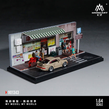 MoreArt 1:64 Hong Kong-style Tea House Miniature Scene (MO901343) - Side view with model car and figurine