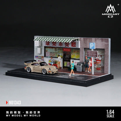 MoreArt 1:64 Hong Kong-style Tea House Miniature Scene (MO901343) - Side view with model car and figurine