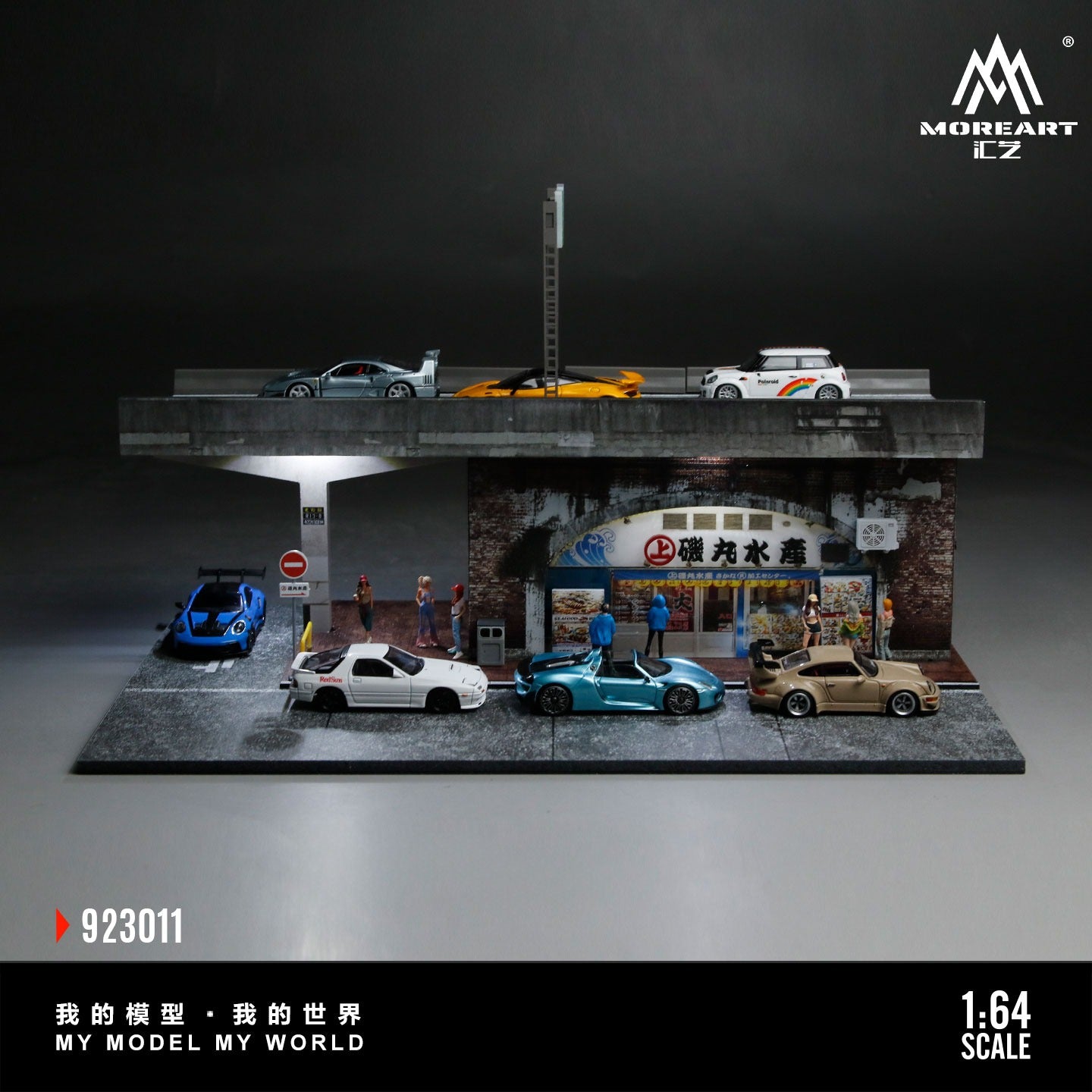 MoreArt 1:64 River Pillar Aquatic Microscopic Scene Simulation Model (MO923011) - Front view with cars
