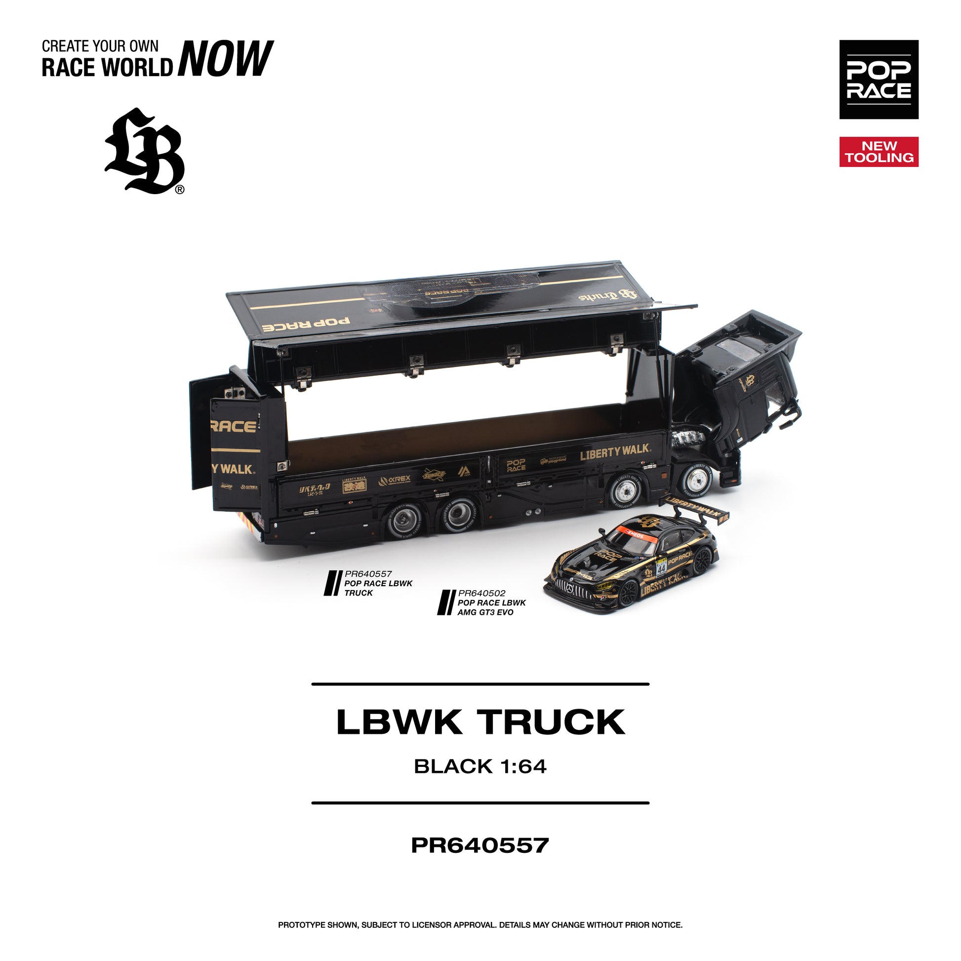 PR640557 POP RACE LBWK Truck Black 1:64 Scale Diecast -Opening Parts2