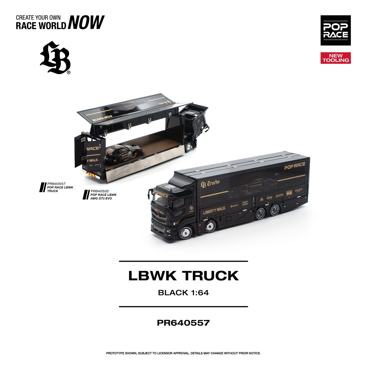 PR640557 POP RACE LBWK Truck Black 1:64 Scale Diecast -Opening Parts3