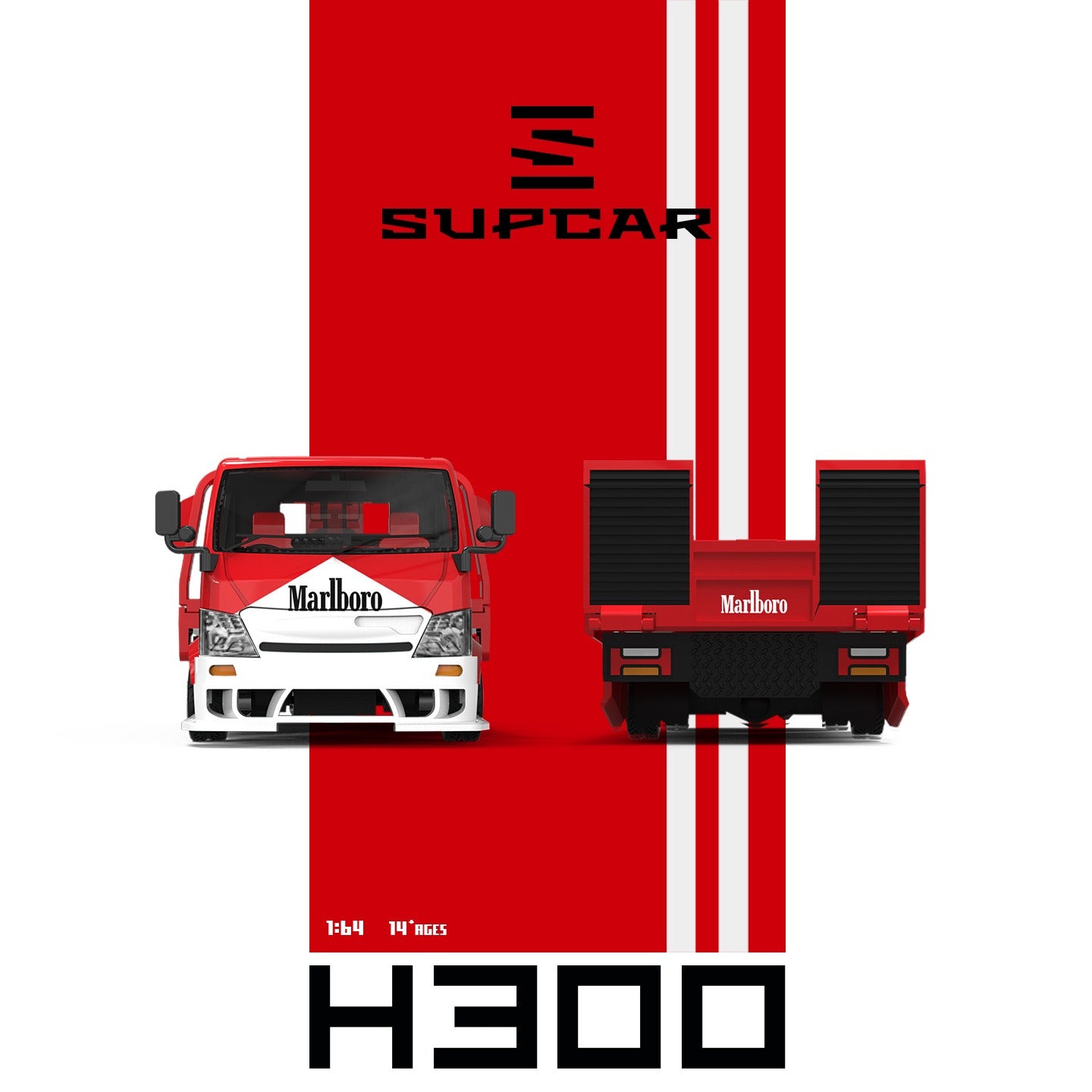 SUPCAR 1:64 H300 Flatbed Transport Trailer Marlboro Livery (SC647249) - Front & Rear View