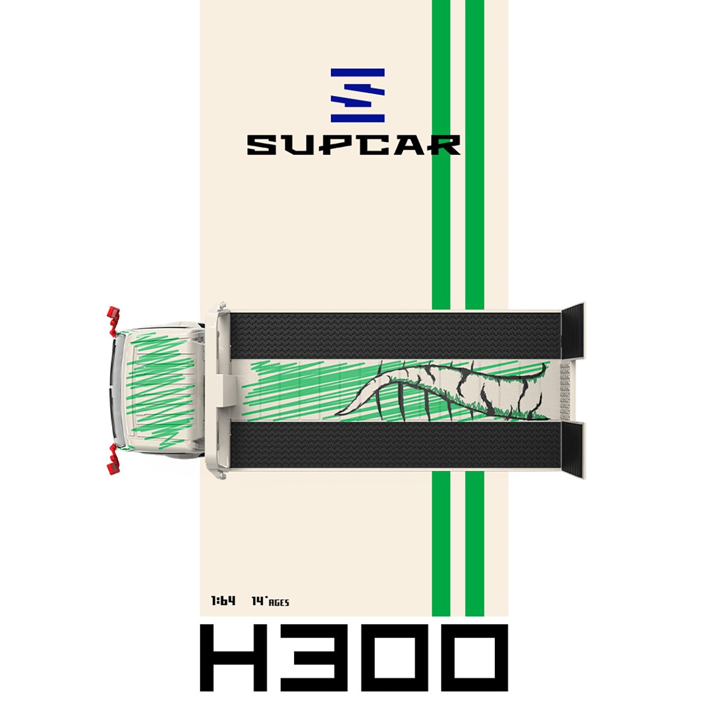 SUPCAR 1:64 H300 Flat Transport Trailer Model 77 Green Dinosaur Graffiti (SC647250) - Top View
