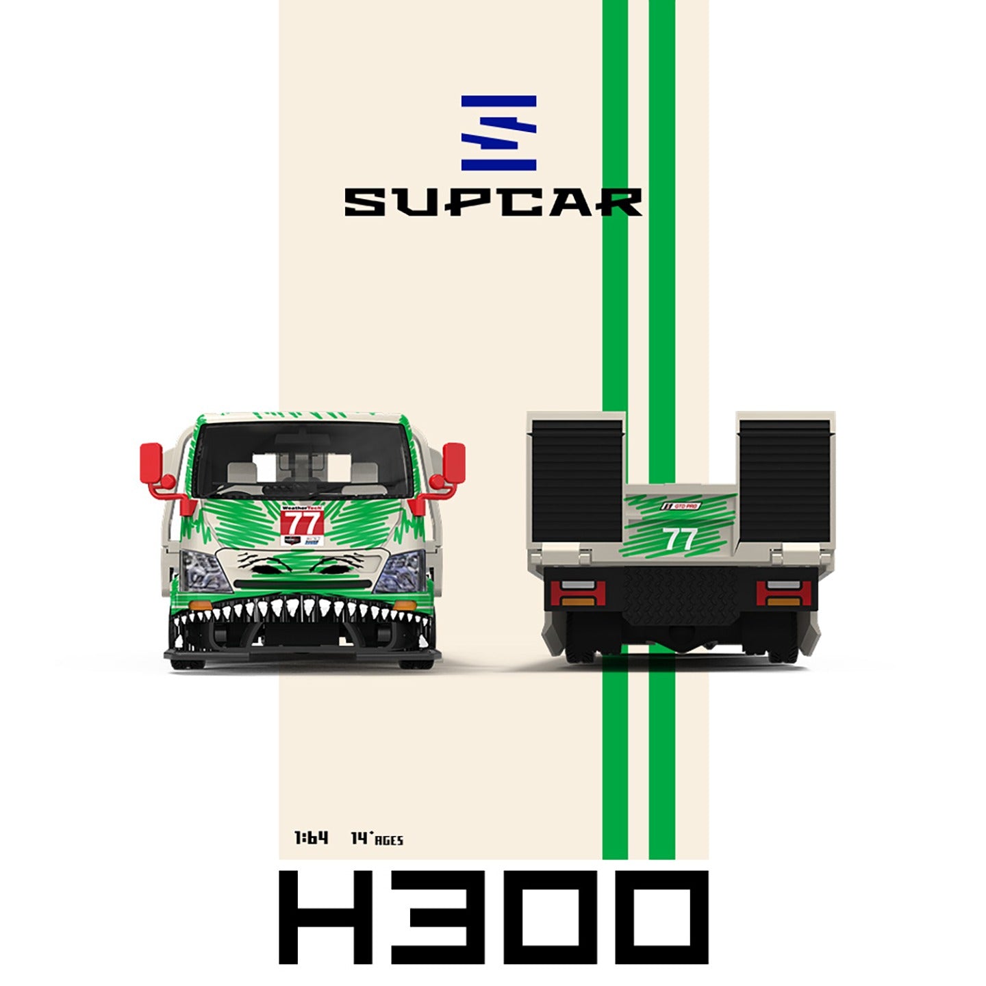 SUPCAR 1:64 H300 Flat Transport Trailer Model 77 Green Dinosaur Graffiti (SC647250) - Front & Rear View