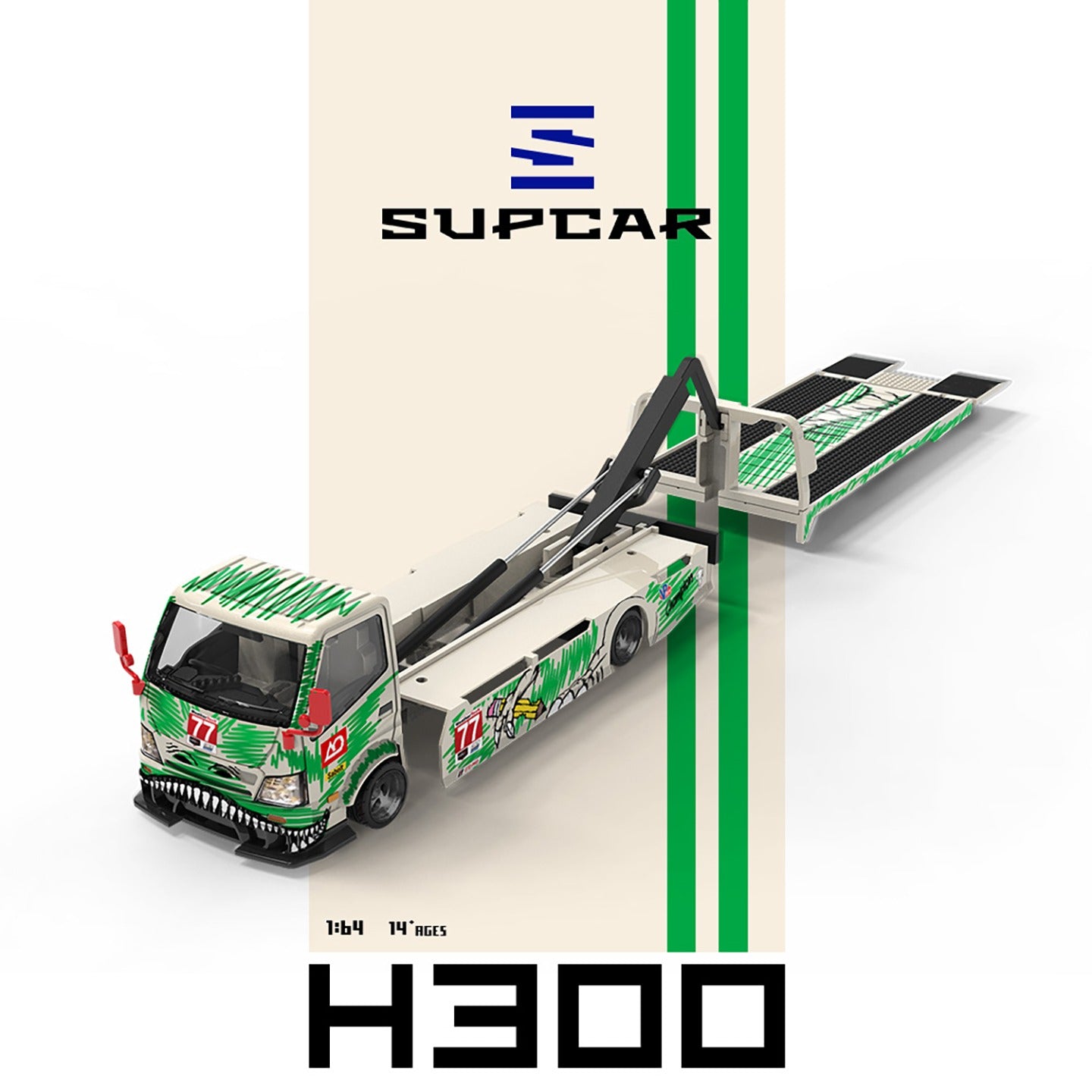 SUPCAR 1:64 H300 Flat Transport Trailer Model 77 Green Dinosaur Graffiti (SC647250) - Extended Flatbed