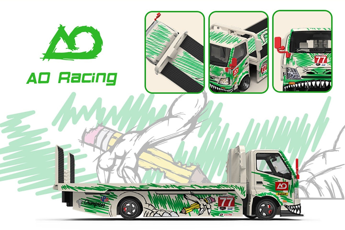 SUPCAR 1:64 H300 Flat Transport Trailer Model 77 Green Dinosaur Graffiti (SC647250) - Overview