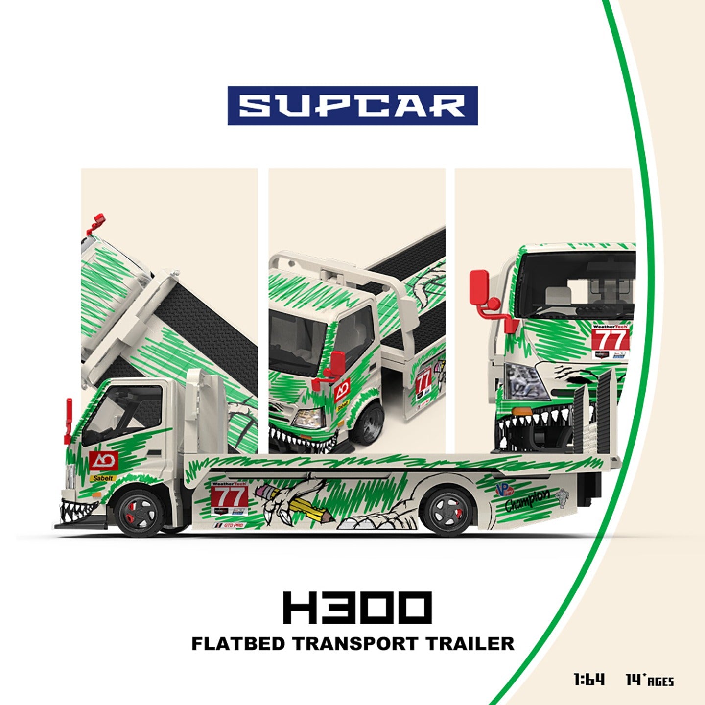SUPCAR 1:64 H300 Flat Transport Trailer Model 77 Green Dinosaur Graffiti (SC647250) - Overview 