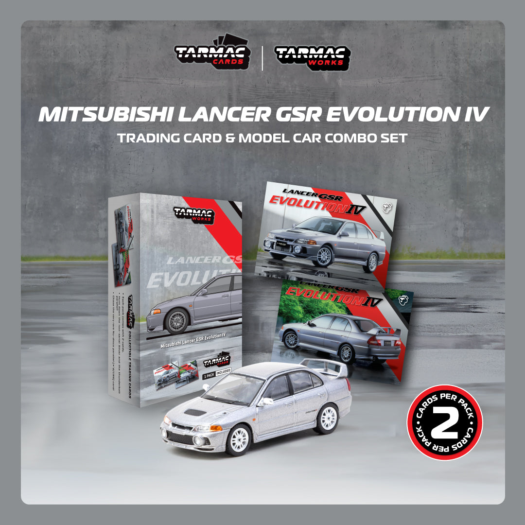 (T64G-076-SL) - Mitsubishi Lancer GSR Evolution IV Silver + Trading Cards Combo Set