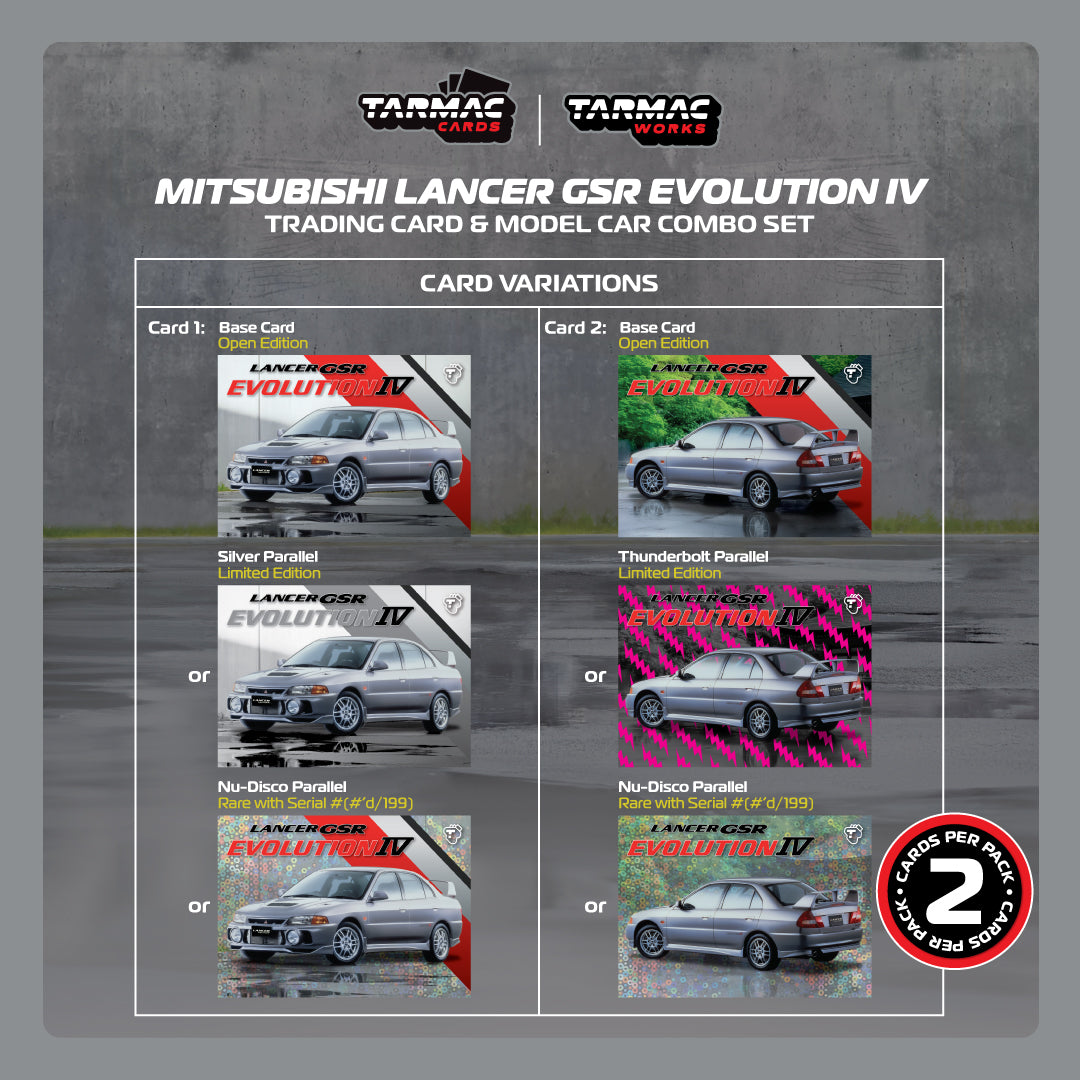 (T64G-076-SL) - Mitsubishi Lancer GSR Evolution IV Silver + Trading Cards Combo Set