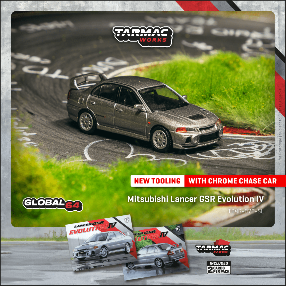 (T64G-076-SL) - Mitsubishi Lancer GSR Evolution IV Silver + Trading Cards Combo Set