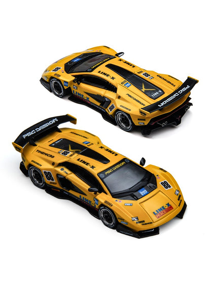 A 1/64 scale model of a yellow and black Countach 'V' race car by TimeMicro, featuring various sponsor decals and the number 88, shown on a white background with brand logos and text overlays.TM647709, PO available at 303 Diecasts