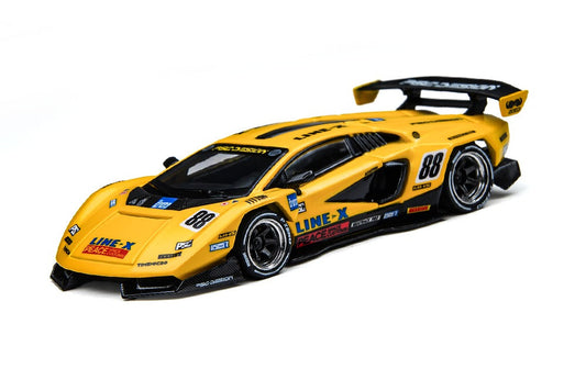 A 1/64 scale model of a yellow and black Countach 'V' race car by TimeMicro, featuring various sponsor decals and the number 88, shown on a white background with brand logos and text overlays.TM647709, PO available at 303 Diecasts