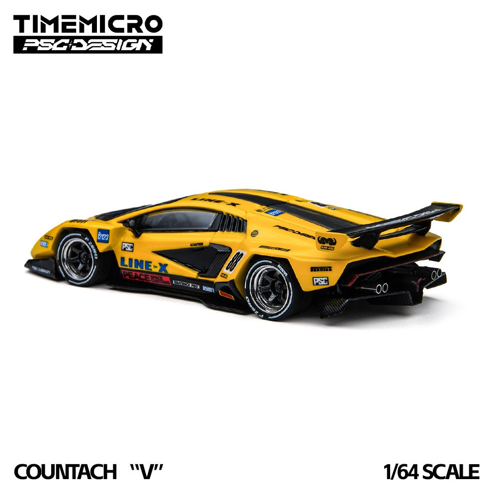 A 1/64 scale model of a yellow and black Countach 'V' race car by TimeMicro, featuring various sponsor decals and the number 88, shown on a white background with brand logos and text overlays.TM647709, PO available at 303 Diecasts
