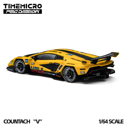 A 1/64 scale model of a yellow and black Countach 'V' race car by TimeMicro, featuring various sponsor decals and the number 88, shown on a white background with brand logos and text overlays.TM647709, PO available at 303 Diecasts