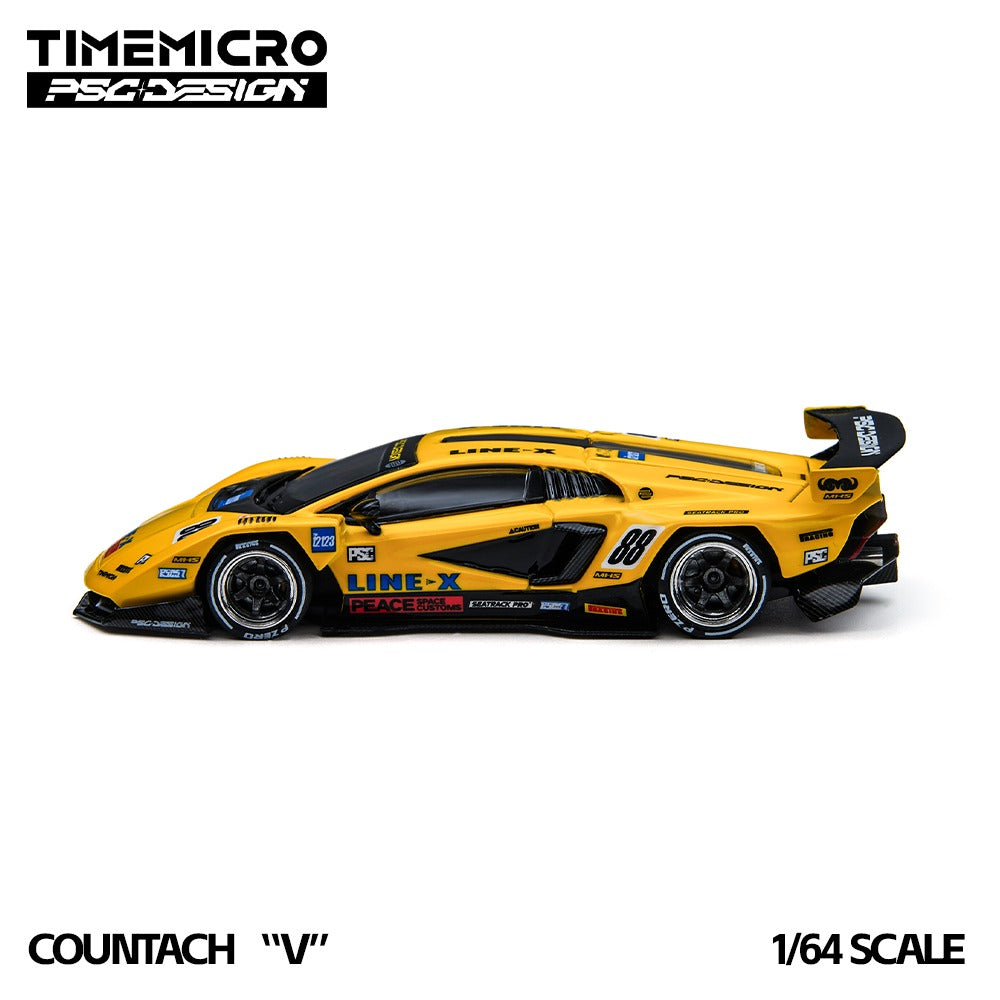 A 1/64 scale model of a yellow and black Countach 'V' race car by TimeMicro, featuring various sponsor decals and the number 88, shown on a white background with brand logos and text overlays.TM647709, PO available at 303 Diecasts