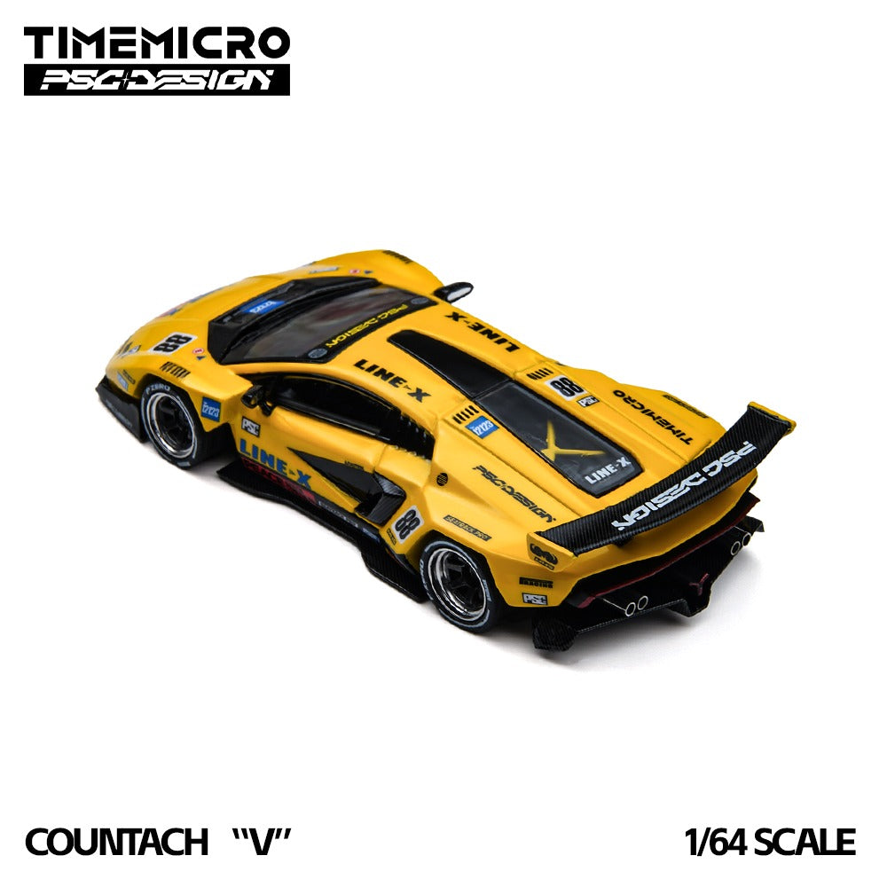 A 1/64 scale model of a yellow and black Countach 'V' race car by TimeMicro, featuring various sponsor decals and the number 88, shown on a white background with brand logos and text overlays.TM647709, PO available at 303 Diecasts