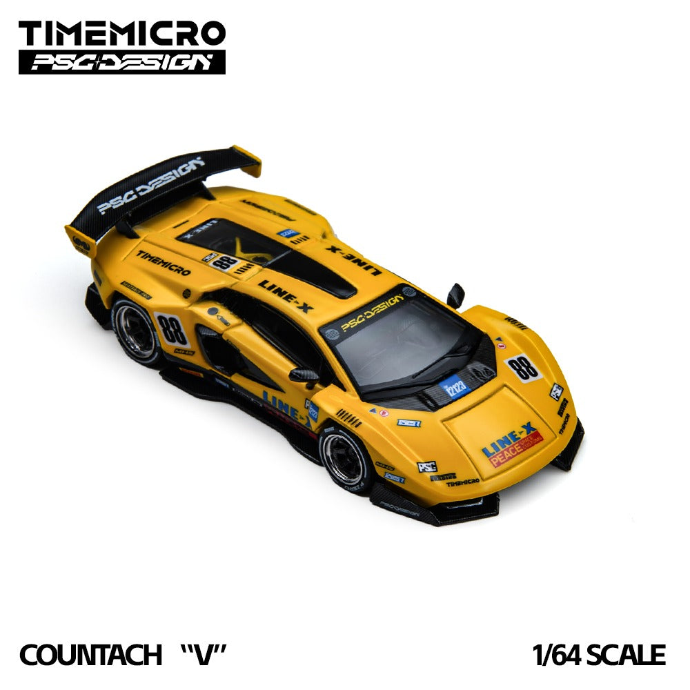 A 1/64 scale model of a yellow and black Countach 'V' race car by TimeMicro, featuring various sponsor decals and the number 88, shown on a white background with brand logos and text overlays.TM647709, PO available at 303 Diecasts