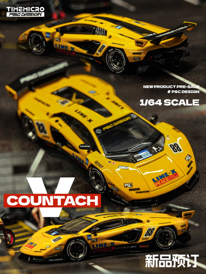 A 1/64 scale model of a yellow and black Countach 'V' race car by TimeMicro, featuring various sponsor decals and the number 88, shown on a white background with brand logos and text overlays.TM647709, PO available at 303 Diecasts