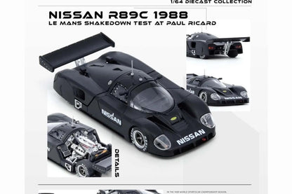 A promotional image featuring a diecast model of the Nissan R89C from 1988 Le Mans Shakedown Test at Paul Ricard. The model is black with racing decals, shown from multiple angles with detailed components visible.
