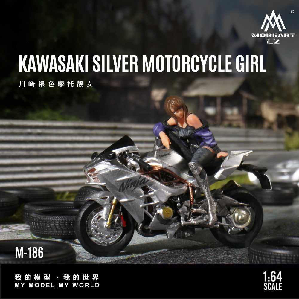 (Pre-Order) (MO222186) Kawasaki Silver Motorcycle with Chic Woman Figurine