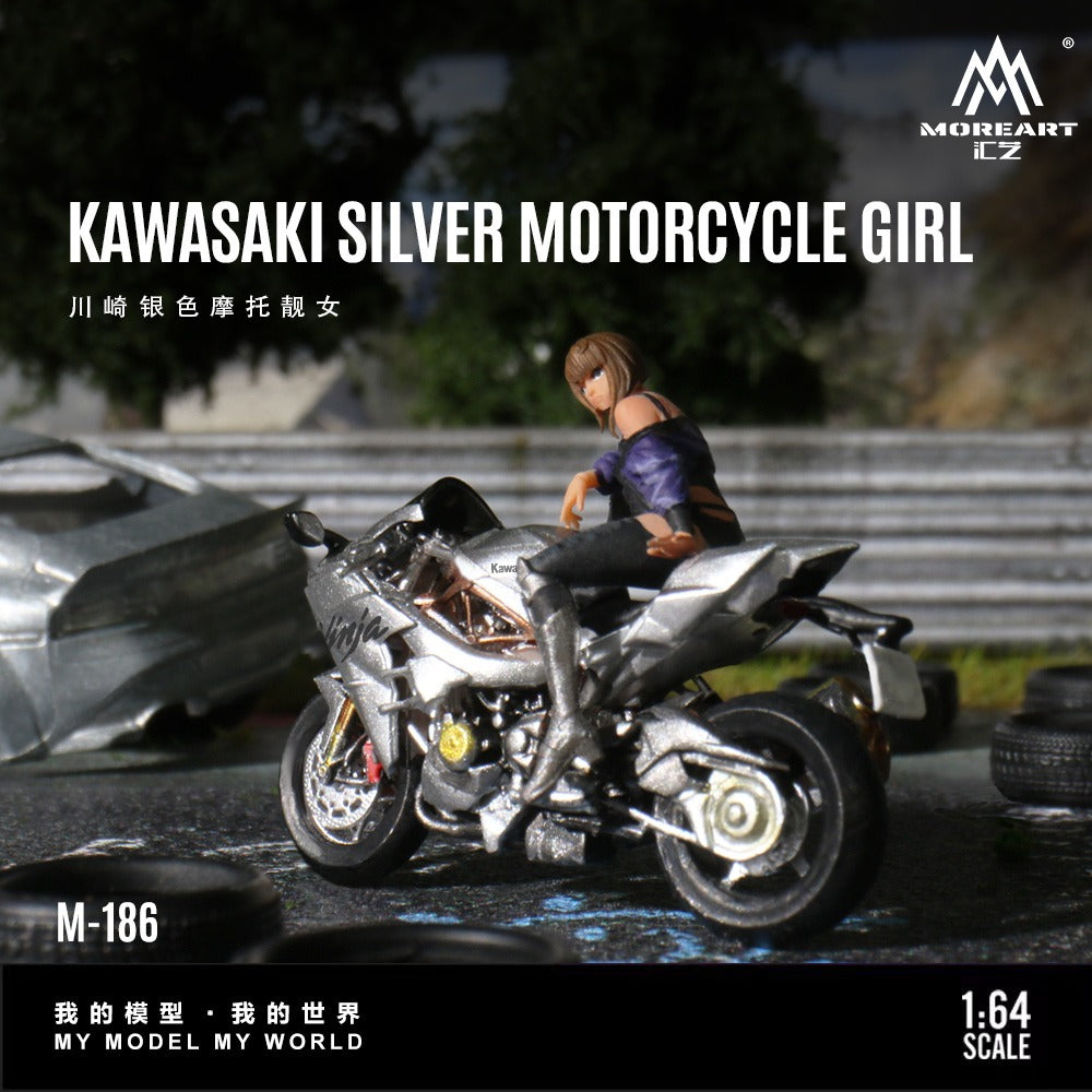 (Pre-Order) (MO222186) Kawasaki Silver Motorcycle with Chic Woman Figurine